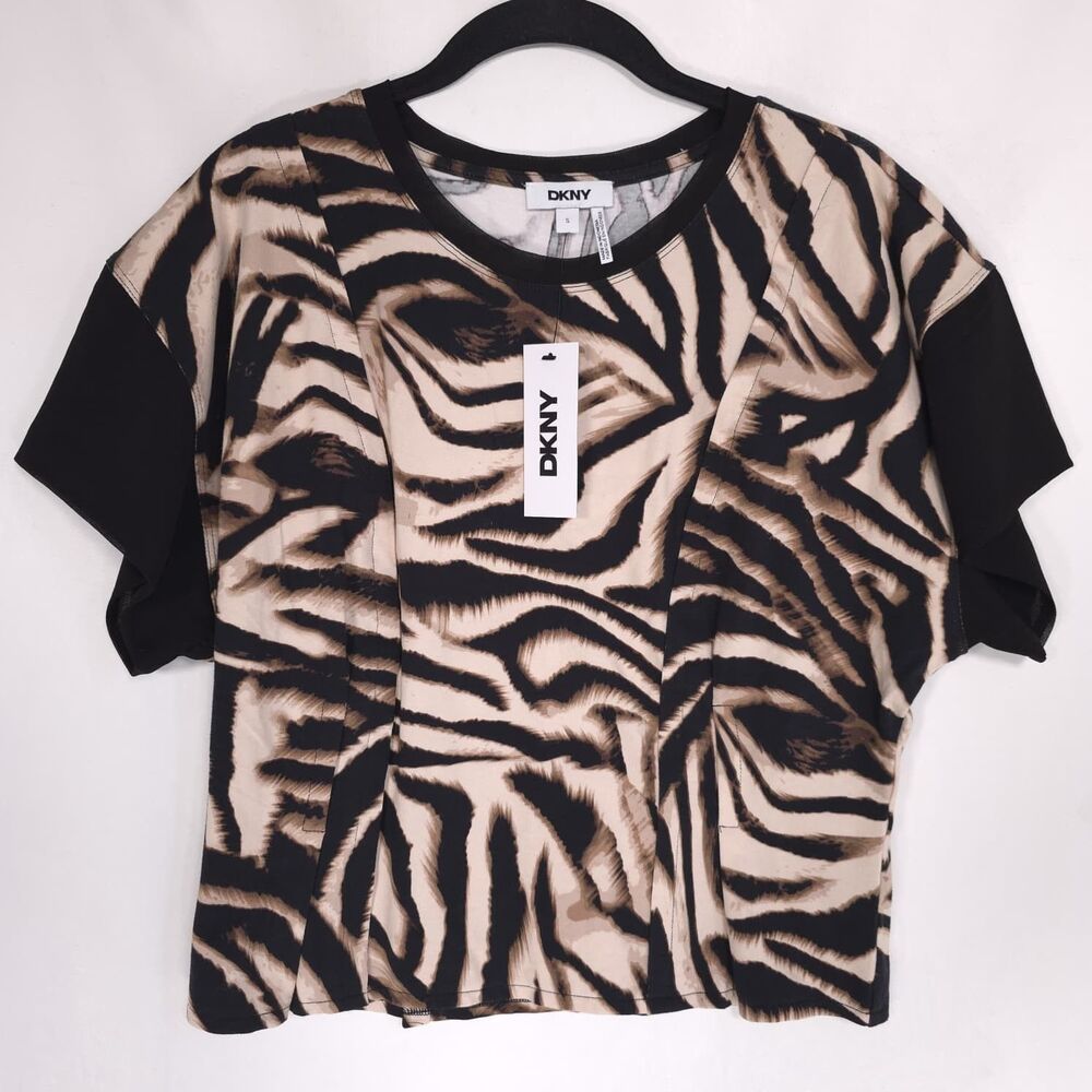 DKNY Womens New T-Shirt Top Animal Print Zebra Black Beige SMALL Short Sleeve